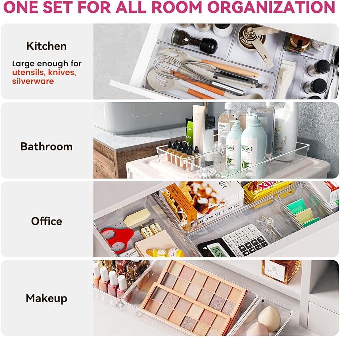 Criusia Large Drawer Organizer Bins 26 Pack | Complete 5 Size Clear Plastic - Image 3