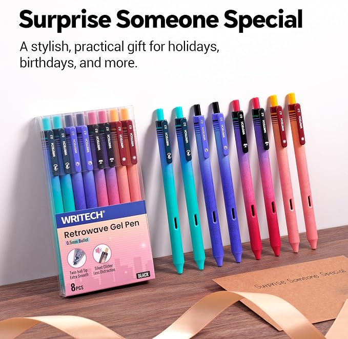 WRITECH Black Ink Gel Pens: 8-Pack Retrowave 0.5mm Fine Point Pens - Image 8