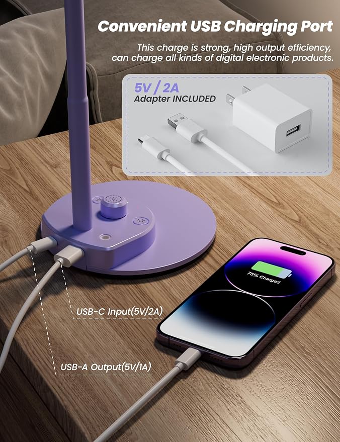 BOHON LED Desk Lamp with USB Charging Port, 3 Color Modes Dim, Lilac Purple | - Image 3