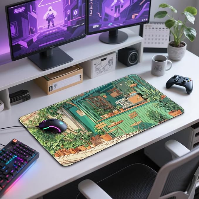 Japanese Coffee Shop Large Gaming Mouse Pad 31.5"x15.7"｜ Green Plant XXL Desk - Image 7