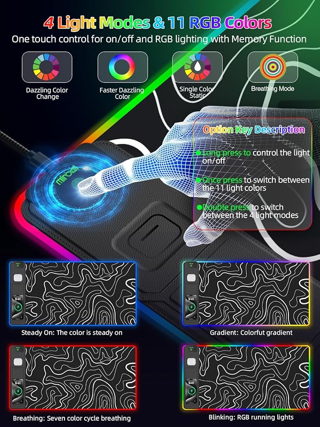 Mouse Pad with Foldable Phone Holder & Wireless Charger, XXL RGB Gaming - Image 4