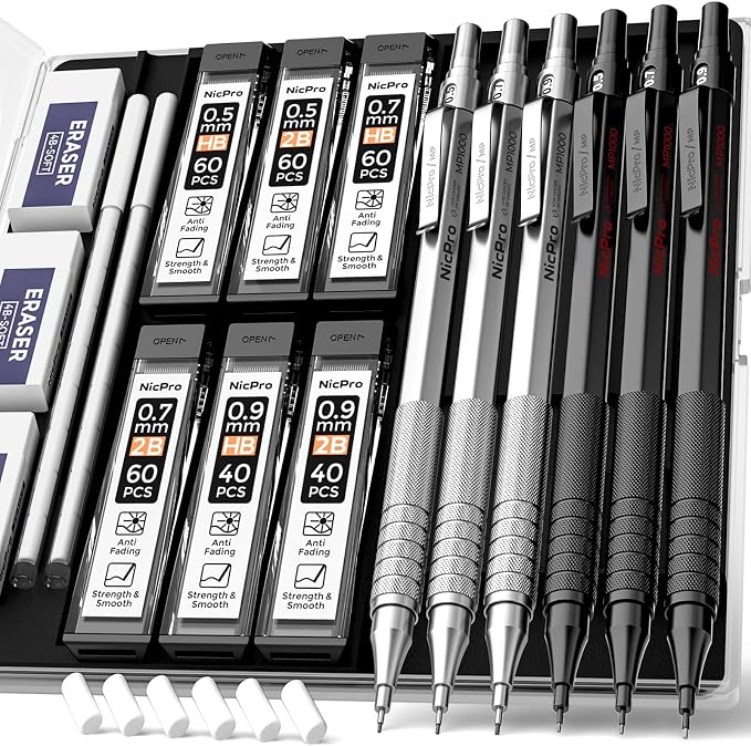 Nicpro 0.5 & 0.7 & 0.9 mm Metal Mechanical Pencil Set by Nicpro