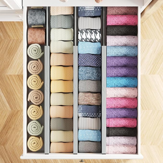 SpaceAid Bamboo Dresser Drawer Dividers 6 Pack, 4.65“ High Adjustable 17“-22” - Image 4