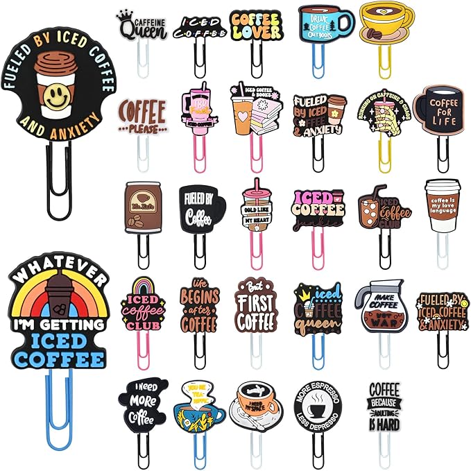 30 PCS Coffee Paper Clips Metal Paperclip Large Size Paper Clip Cute Bookmark by Pabucle