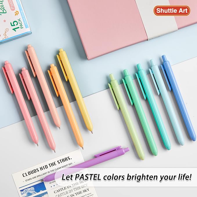 Shuttle Art Ballpoint Pens, 15 Pack Pastel Retractable Black Ink Ball Point Pens - Image 7