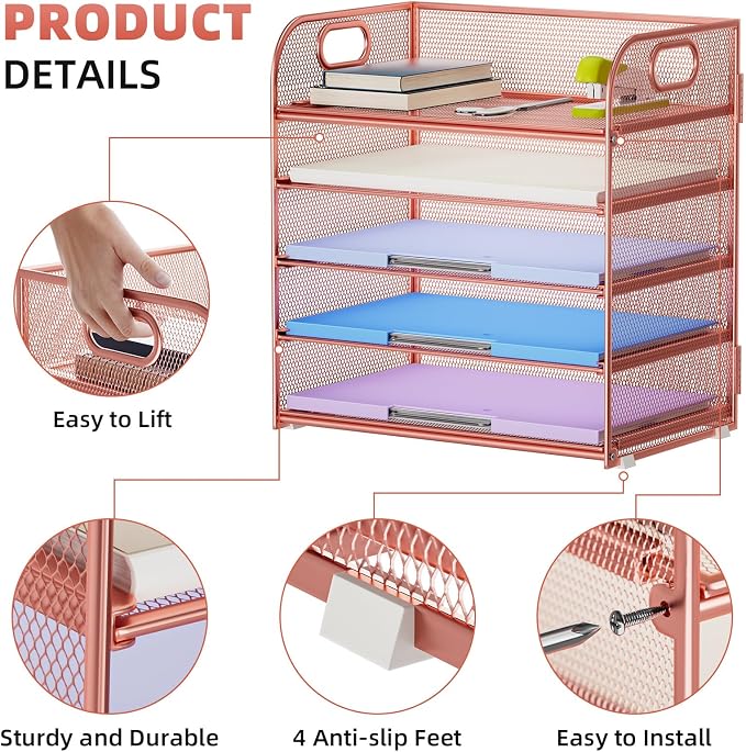 Marbrasse 5 Tier Paper Organizer Letter Tray, Mesh Desk File Organizer - Image 3