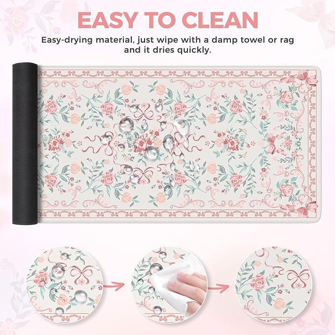 iCasso Pink Desk Mat for Desktop, Cute Desk Pad for Women, Girly Bow Mouse Pad - Image 6