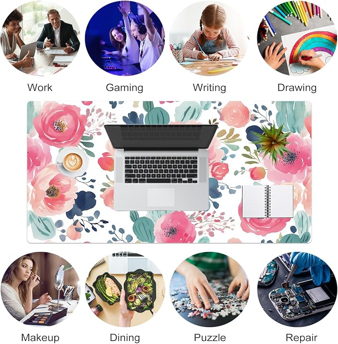 Colorful Star Large Mouse Pad, Women Girls Flowers PU Leather Waterproof Desk - Image 6