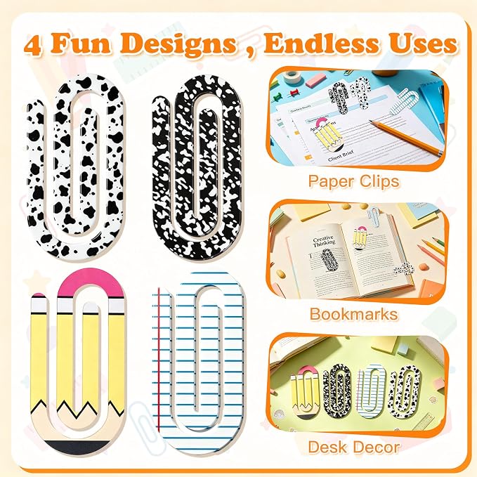 Back to School Paper Clips 4 Inch 12 Pcs Jumbo Acrylic Paperclips | Back to - Image 4