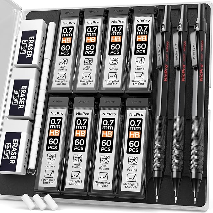 Nicpro Mechanical Pencils 0.7mm in Case, 3 Pack Metal Mechanical Pencils Set by Nicpro