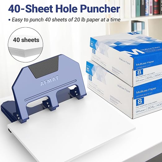 AFMAT 3 Hole Punch, 9/32" Holes, 40-Sheet 3 Hole Puncher - Image 2