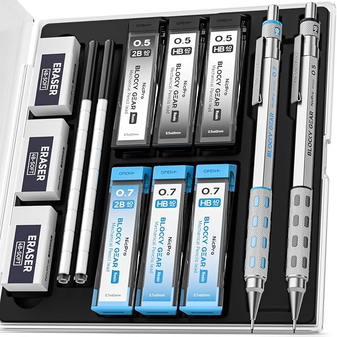 Nicpro Blocky Gear 0.5 mm & 0.7 mm Mechanical Pencils Set in Case, Metal Pencil by Nicpro