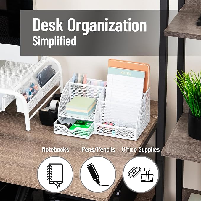 Mind Reader 7-Compartment Desktop Organizer, Metal Mesh, Sticky Notes, Office - Image 2