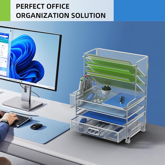 MINDEPOT 4-Tier Paper Organizer + 3-Pocket File Holder + Drawer + Pen Holders - Image 5