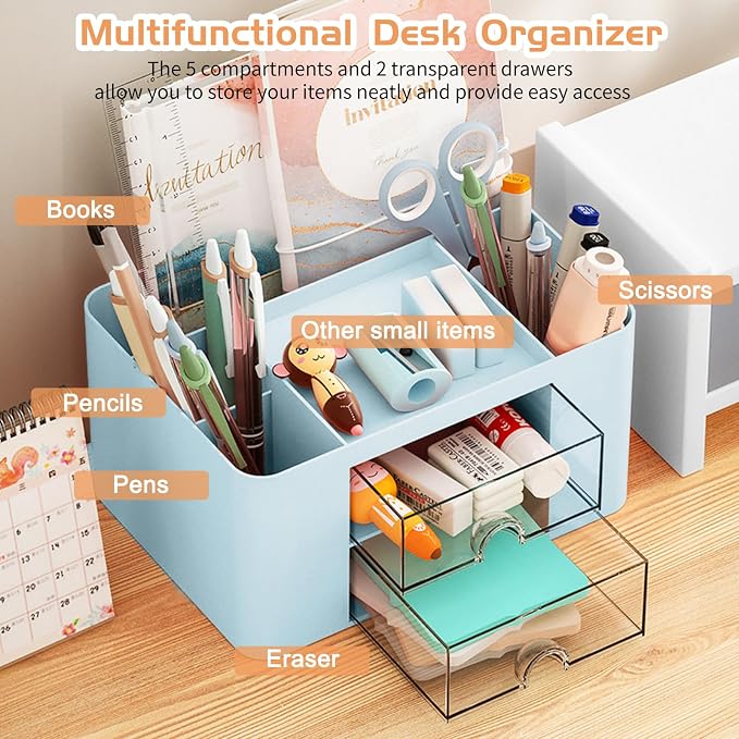 Cayxenful Pencil Pen Holder for Desk, 2 Drawer Desk Organizers, 5 Compartments - Image 2