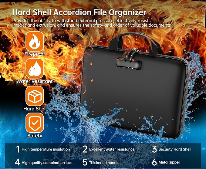 Fireproof File Organizer with Lock, Hard Case Fireproof Document Box with 13 - Image 7
