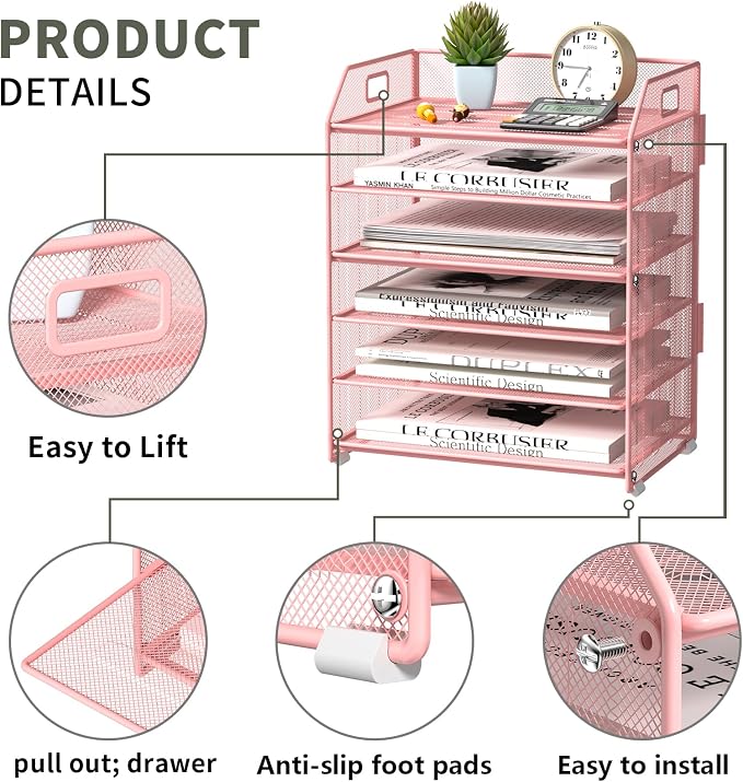 6 Tier Paper Organizer Letter Tray, Metal Mesh Paper Tray Organizer - Image 3