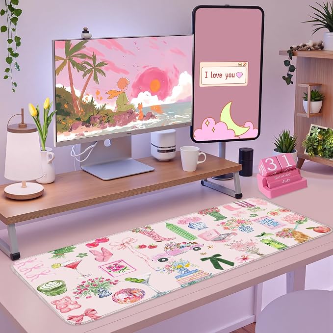 Pink Pastel Floral Desk Mat Cute Kawaii Retro Vintage XXL Large Mouse Pad - Image 5