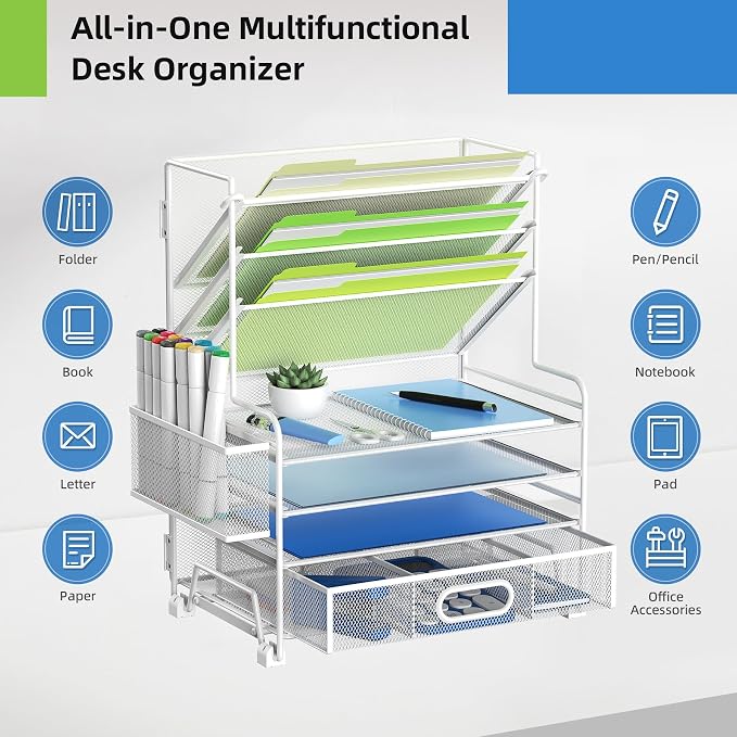 MINDEPOT 4-Tier Paper Organizer + 3-Pocket File Holder + Drawer + Pen Holders - Image 2