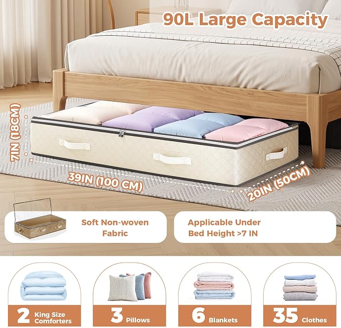 90L Under Bed Storage Containers, Closet Organizers and Storage Bins, Foldable - Image 3