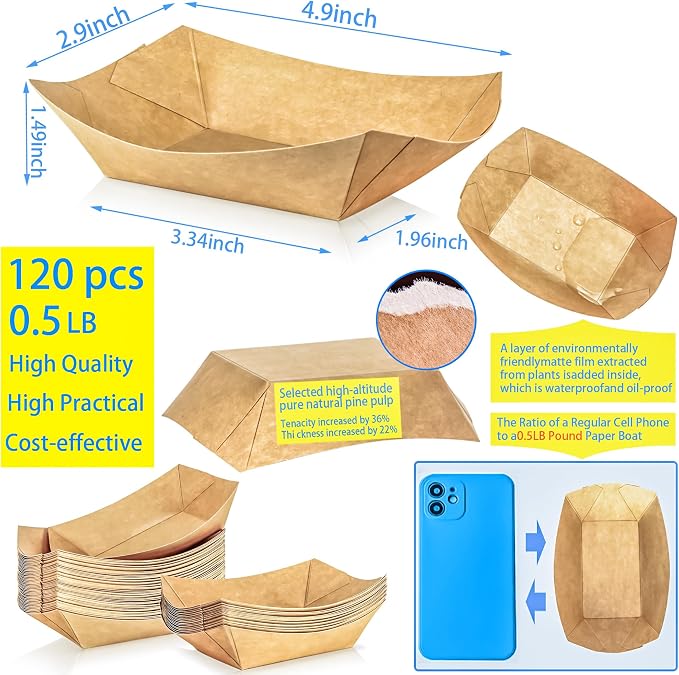 120 Pack 1/2Lb Paper Food Boat Trays Disposable Small Paper Boats Plates - Image 2