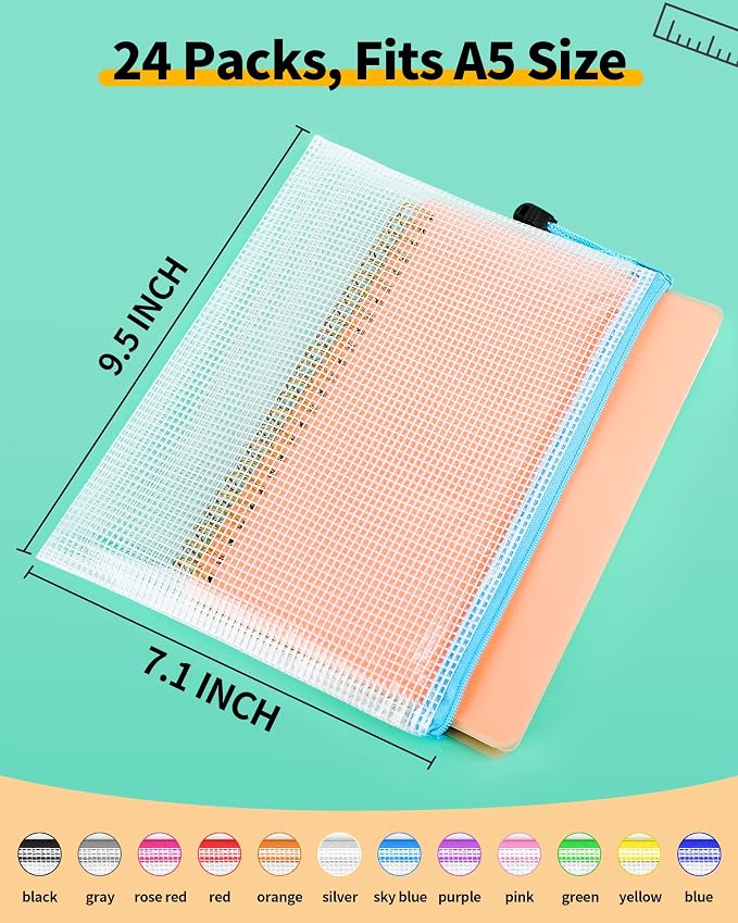 Smarpau A5 Mesh Zipper Pouch, 24 Pack 12 Colors 9.5" x 7.1" Multipurpose Zipper - Image 2