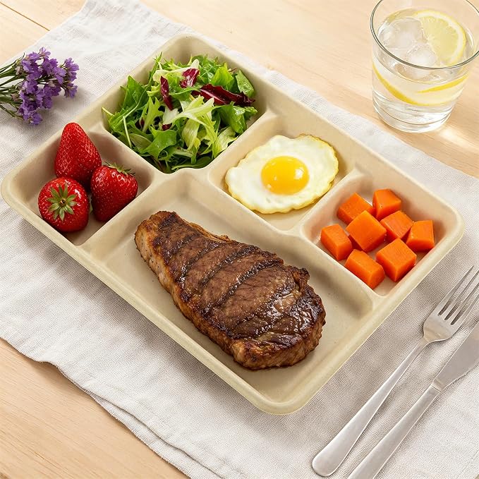 WELLIFE 100% Compostable 5 Compartment Paper Plates, 100 Pack Disposable School - Image 7
