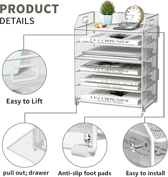 6 Tier Paper Organizer Letter Tray, Metal Mesh Paper Tray Organizer - Image 3