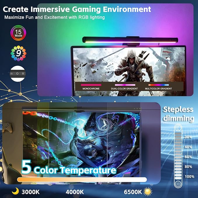 RGB Monitor Light Bar, Eye-Care Dual Light Reading Screen Lamp, 9 Modes Gaming - Image 3