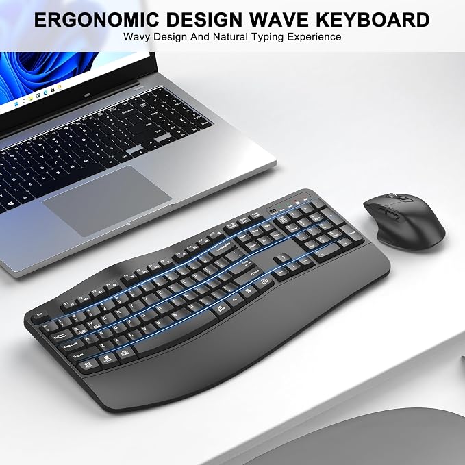 Wireless Keyboard and Mouse Combo, 2.4G Full Size Wave Keys Ergonomic Keyboard - Image 2