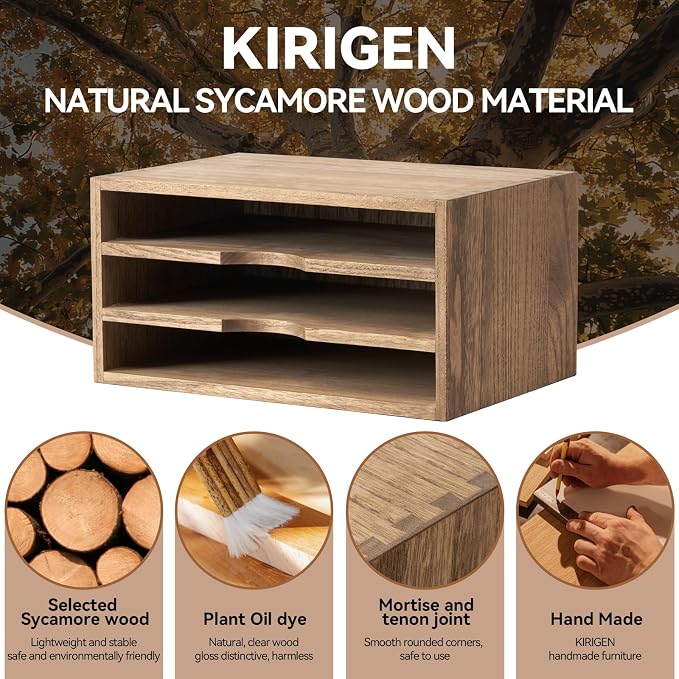 KIRIGEN Wooden Desktop Organizer, 3 Tier Solid Wood Letter Tray and Paper File - Image 8