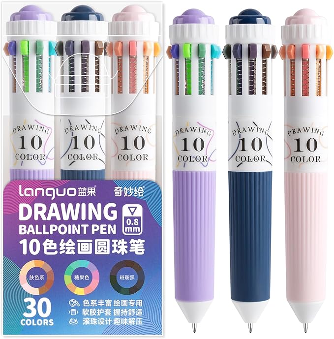 3 Pack Multicolor Pens, 10-in-1 Colored Ballpoint Pen, 28 Colors, 0.8mm Fine by Joyask
