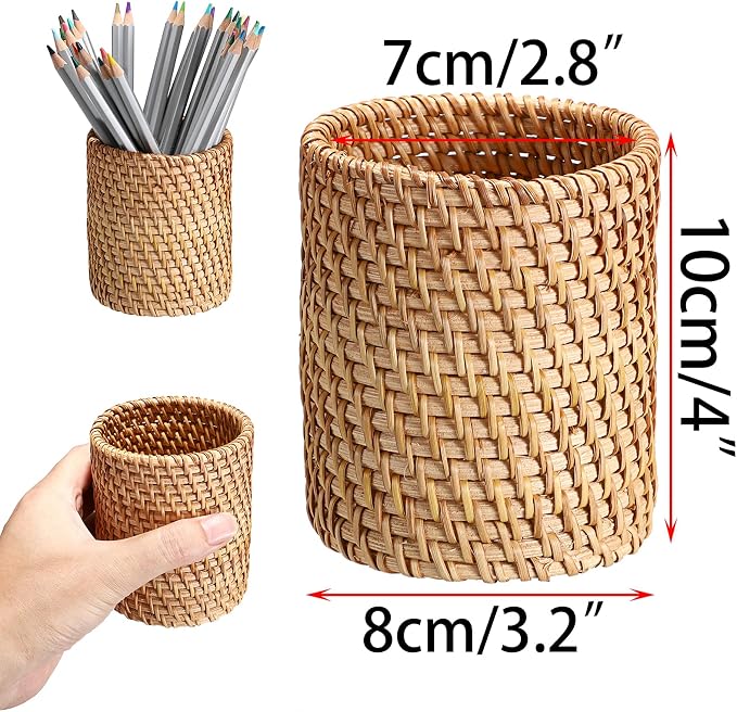 BTSKY 3 Pack Rattan Pen Cup, Handmade Desk Pencil Holders Makeup Brush Holder - Image 3