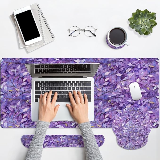 Britimes Purple Oil Painting Leaves Keyboard Mouse Pad Set Plant 4in1 Large - Image 7