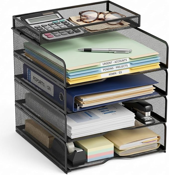 SUPEASY 4-Tier Black Metal Mesh Desk Organizer, Stackable Letter Tray and Paper by SUPEASY