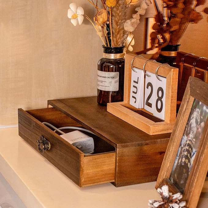 Office Desk Organizer with Drawers Light Brown Vintage Wood Desktop Storage Box - Image 5