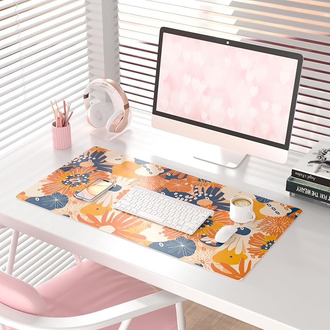 QiyI Large Desk Pad, Floral Mouse Pad Desktop Decor, Waterproof PU Leather Desk - Image 2