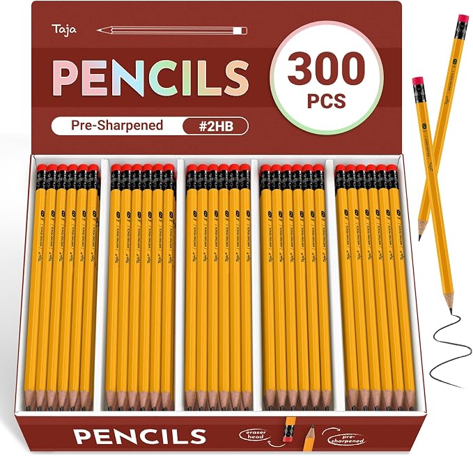 Taja 300 Pack #2 HB Pencils, Bulk Pre-Sharpened Wood-Cased Pencils by Taja