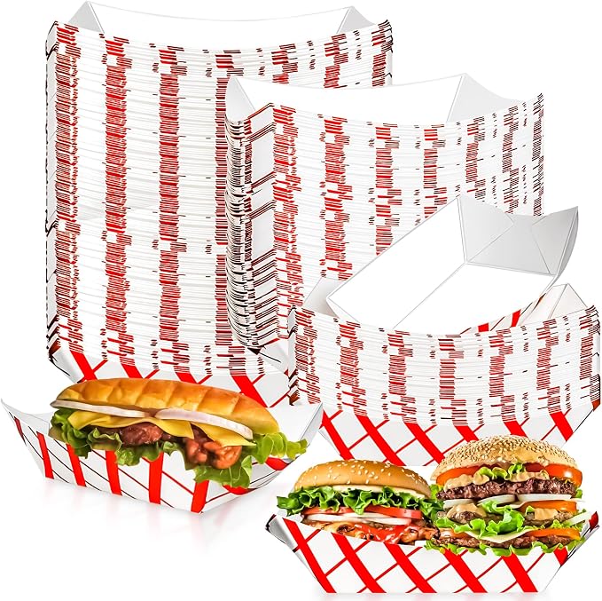 100 Pack 3lb Paper Food Trays, Disposable Greaseproof Kraft Checkered Carnival by MotBach