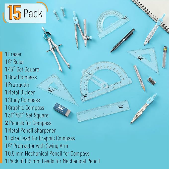 Mr. Pen- Geometry Set, Light Blue, 6 Inch Swing Arm Protractor | Divider - Image 2