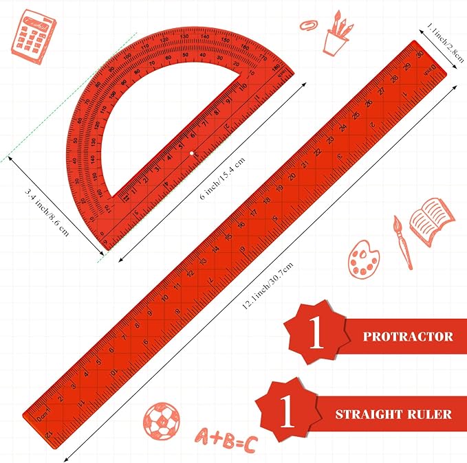 Zonon 2 Pcs 12 Inch Clear Ruler and 6 Inch Plastic Protractor Set, Dual Scale - Image 2