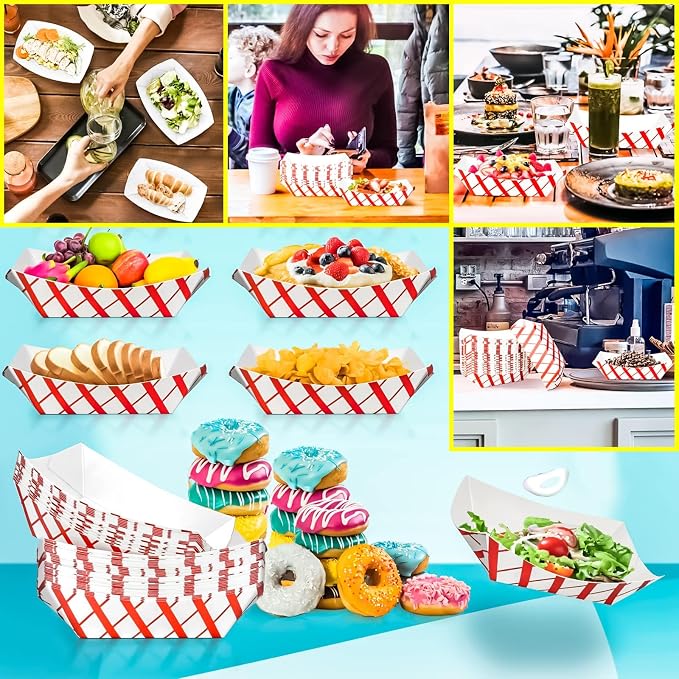 100 Pack 3lb Paper Food Trays, Disposable Greaseproof Kraft Checkered Carnival - Image 5