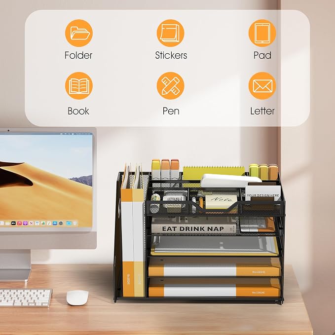 5 Tier Paper Letter Tray with File Holder and 3 Drop-in Pen Holders, Mesh Desk - Image 7