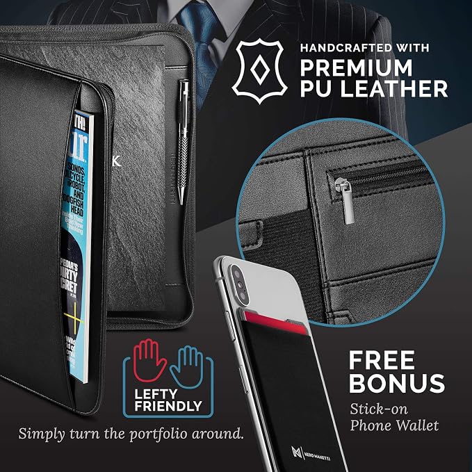 NERO MANETTI- Zippered Vegan Leather Padfolio/Portfolio Pad Holder-Business PU - Image 8