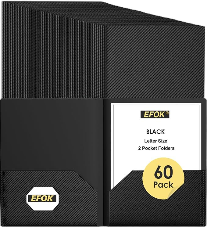 60 Pack Heavy Duty Black Plastic Folders by EFOK