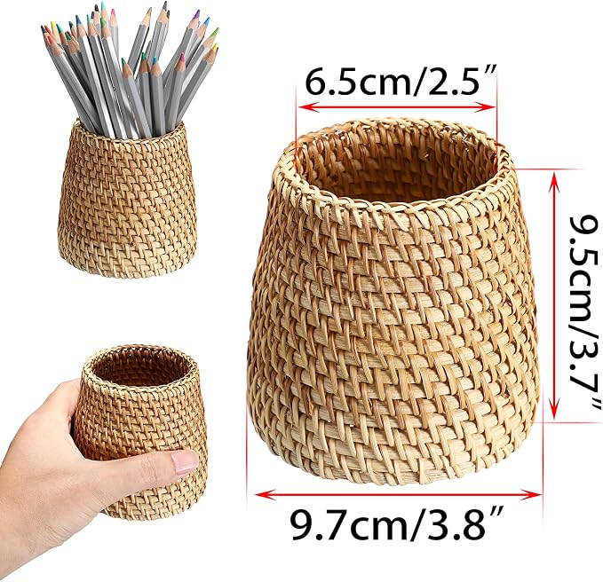BTSKY 3 Pack Rattan Pen Cup, Handmade Desk Pencil Holders Makeup Brush Holder - Image 3