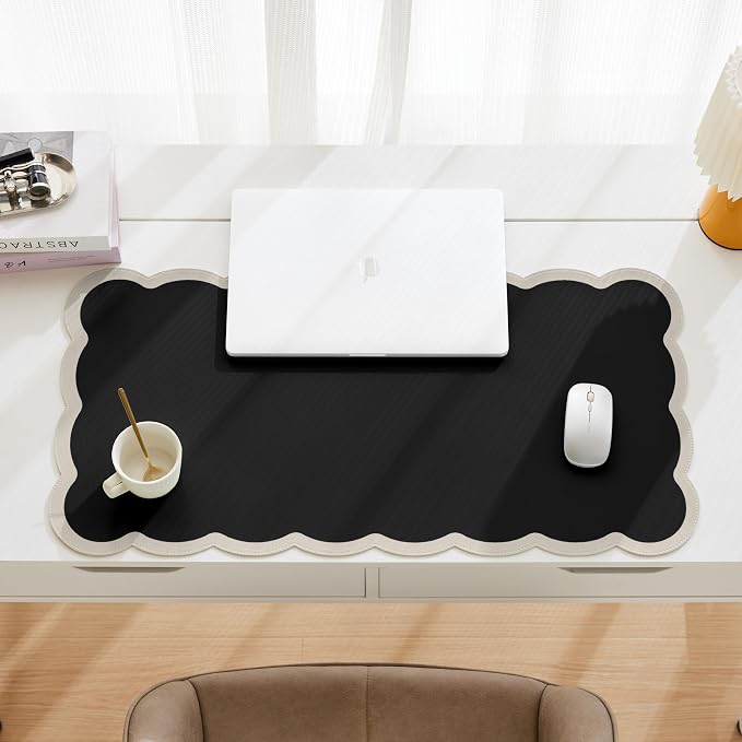 Scalloped Desk Mat, 31.5" x 15.7" Black Beige Large Cute Aesthetic Desk - Image 3