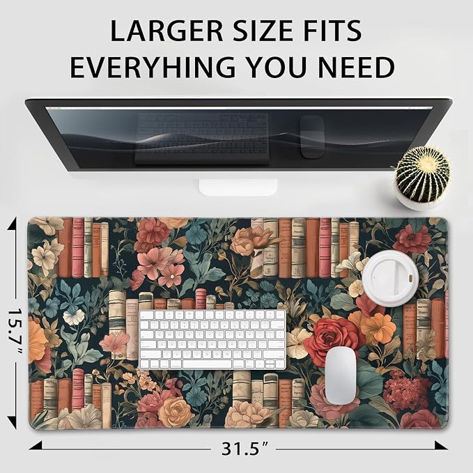 Vintage Library Floral Large Gaming Mouse Pad 31.5"x15.7"｜Books and Roses XXL - Image 4