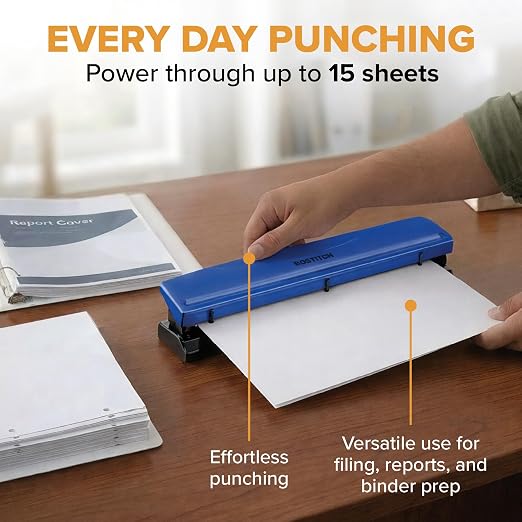 Bostitch 3-Hole Punch, 15 Sheet Capacity, Heavy Duty All-Metal Paper Punch - Image 2
