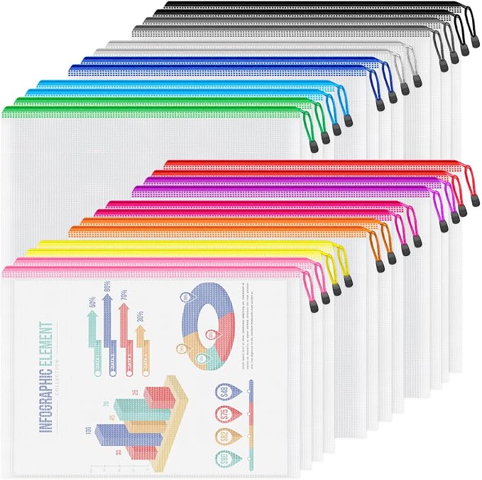 Smarpau A4/Letter Size Zipper Pouch, 24 Pack 12 Colors 13.3" x 9.4" Plastic by Smarpau